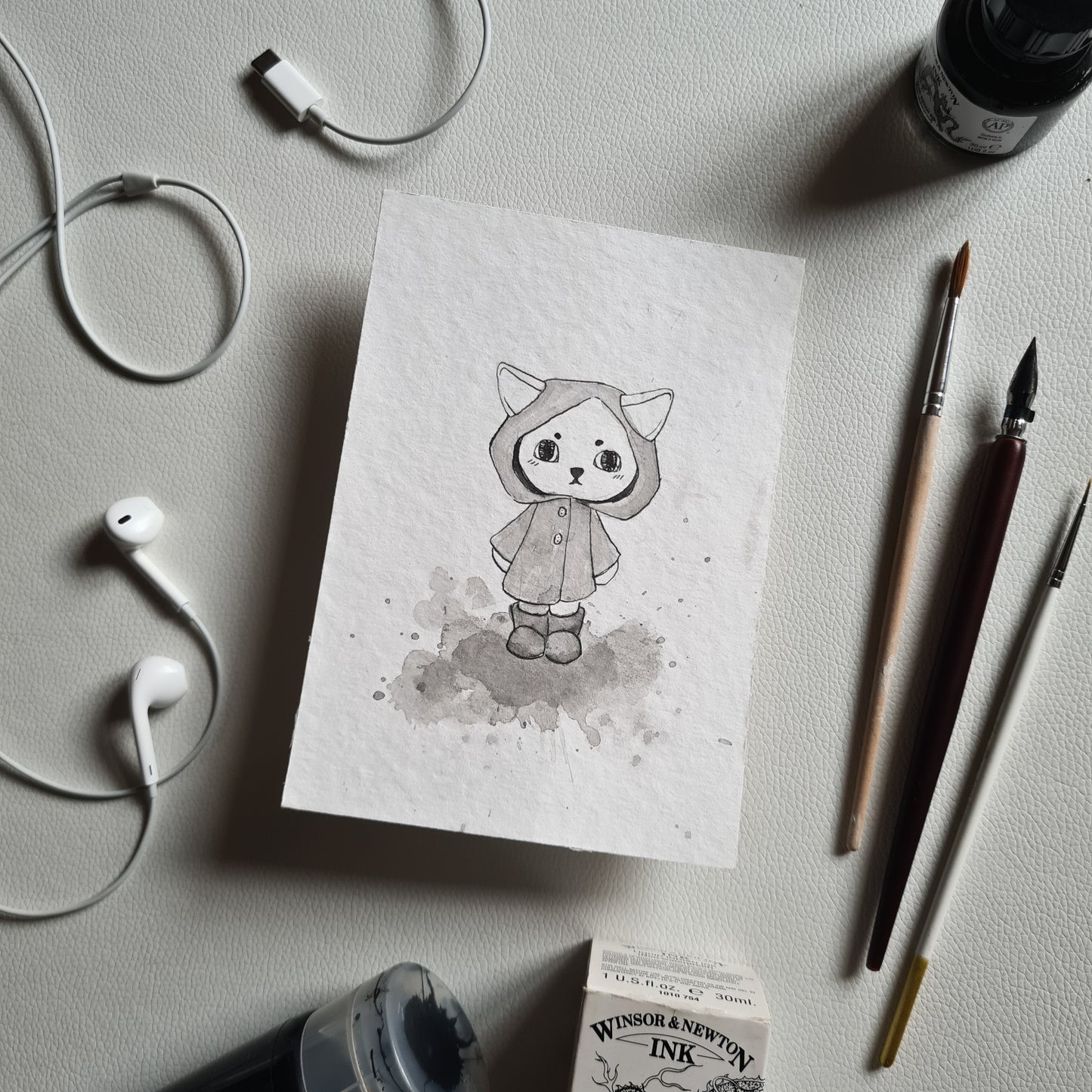 Original Ink Zeichnungen - Katze im Regenmantel