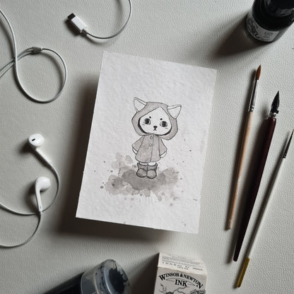 Original Ink Zeichnungen - Katze im Regenmantel