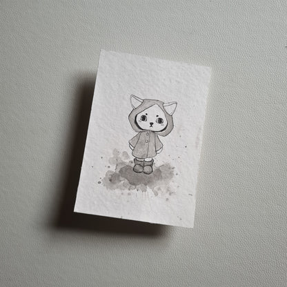 Original Ink Zeichnungen - Katze im Regenmantel
