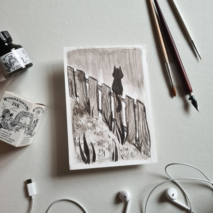 Original Ink Zeichnungen - Katze auf einem Zaun