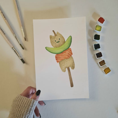 Original Aquarell - MiauMaki am Spieß