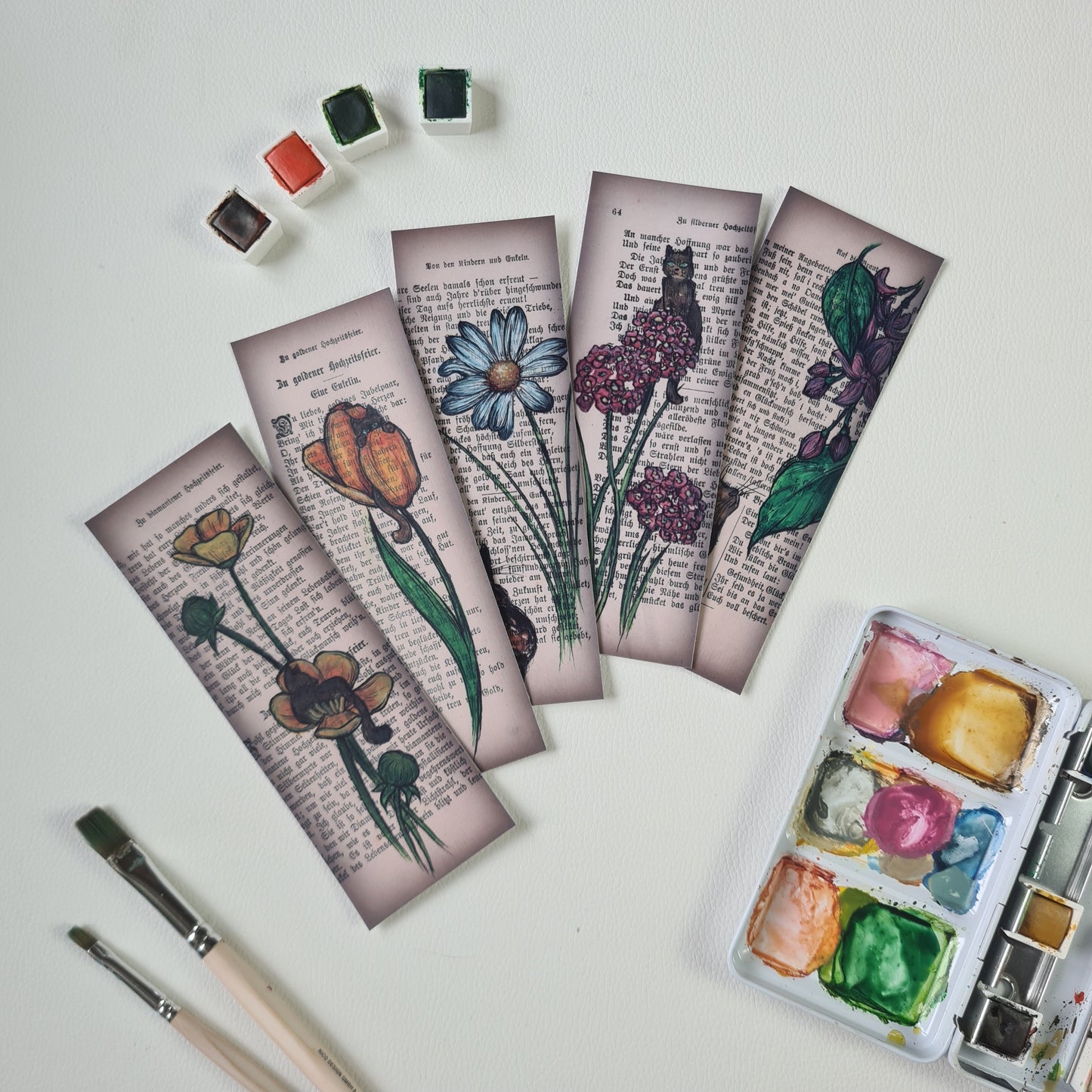 Lesezeichen Set - Aquarellblumen Katzen